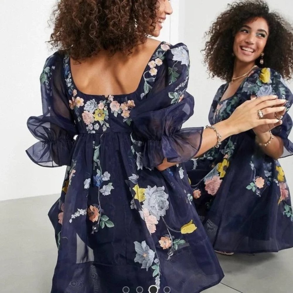 Asos Edition Puff Sleeve Embroidered Navy Mini Dress